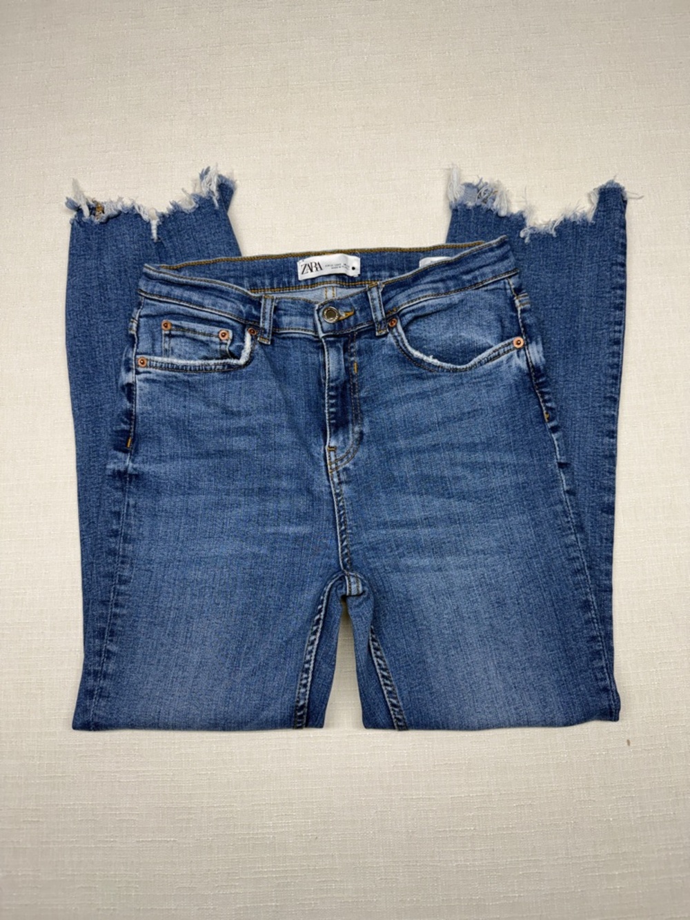 Zara The Bootcut Women's Medium Blue Straight Leg Jeans with Frayed Hem